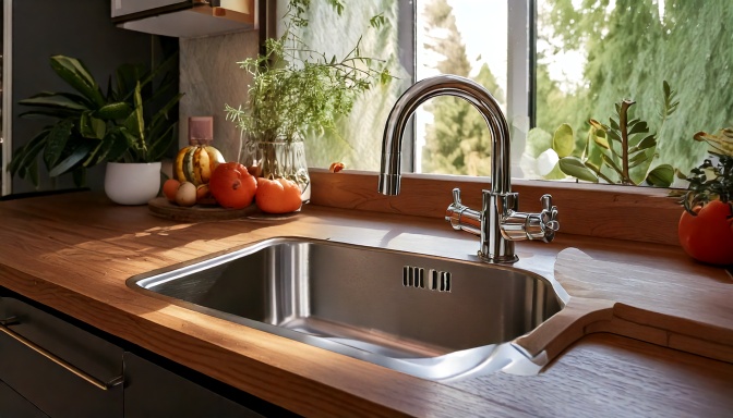 Lavello in acciaio con rubinetto a doppia manopola su piano in legno, circondato da frutta e piante in una cucina luminosa.