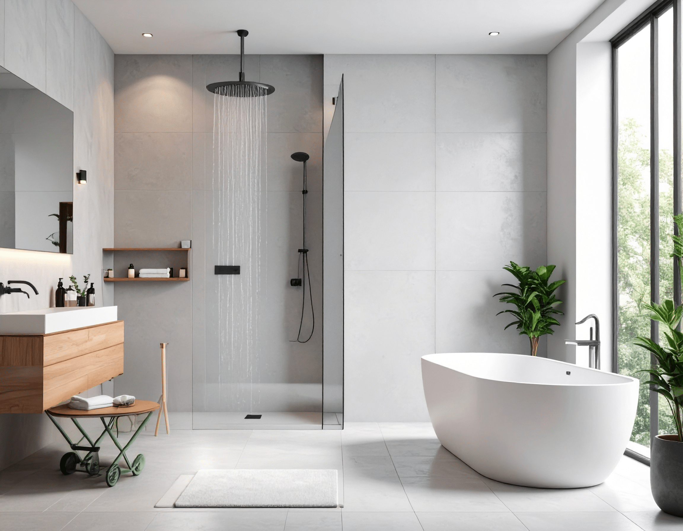 Possiamo vedere la contrapposizione tra un box doccia con soffione al soffitto contro una bellissima vasca di design